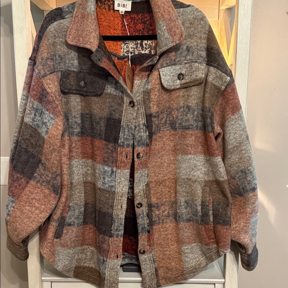 BiBi Women's Checkered Utility Jacket - Brown, Gray, Orange